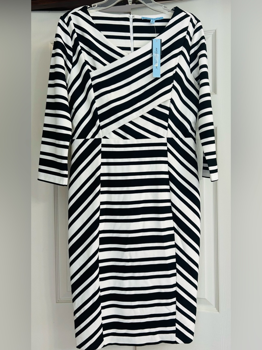 ANTONIO MELANI Black & White Striped Midi Sheath Dress. New With Tags